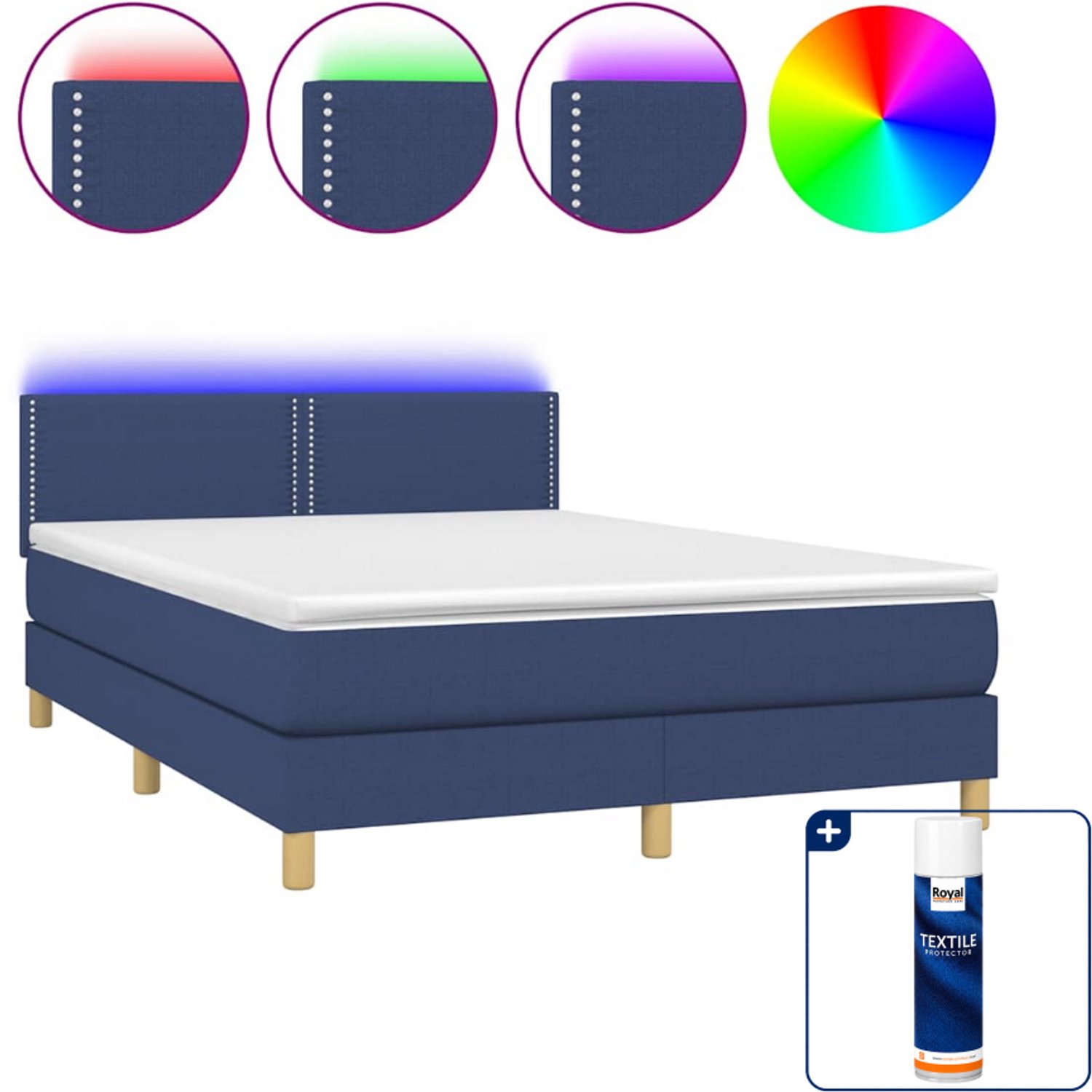 vidaXL Boxspring met matras en LED - 140 x 190 cm - blauw - Inclusief textielbeschermer 500 ml