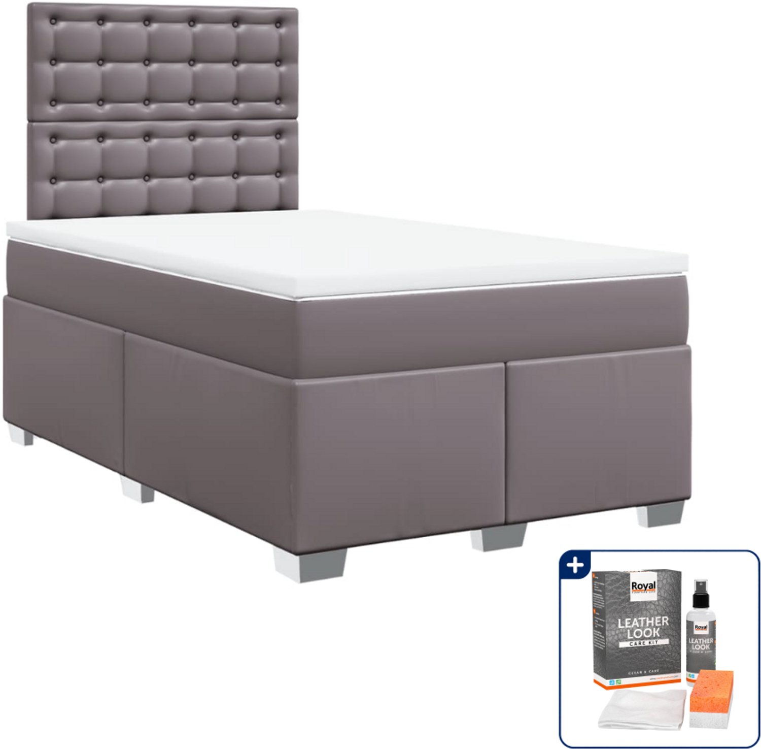 vidaXL boxspring met matras - 120 x 190 cm - kunstleer - grijs - Inclusief onderhoudsset voor kunstleer 150 ml