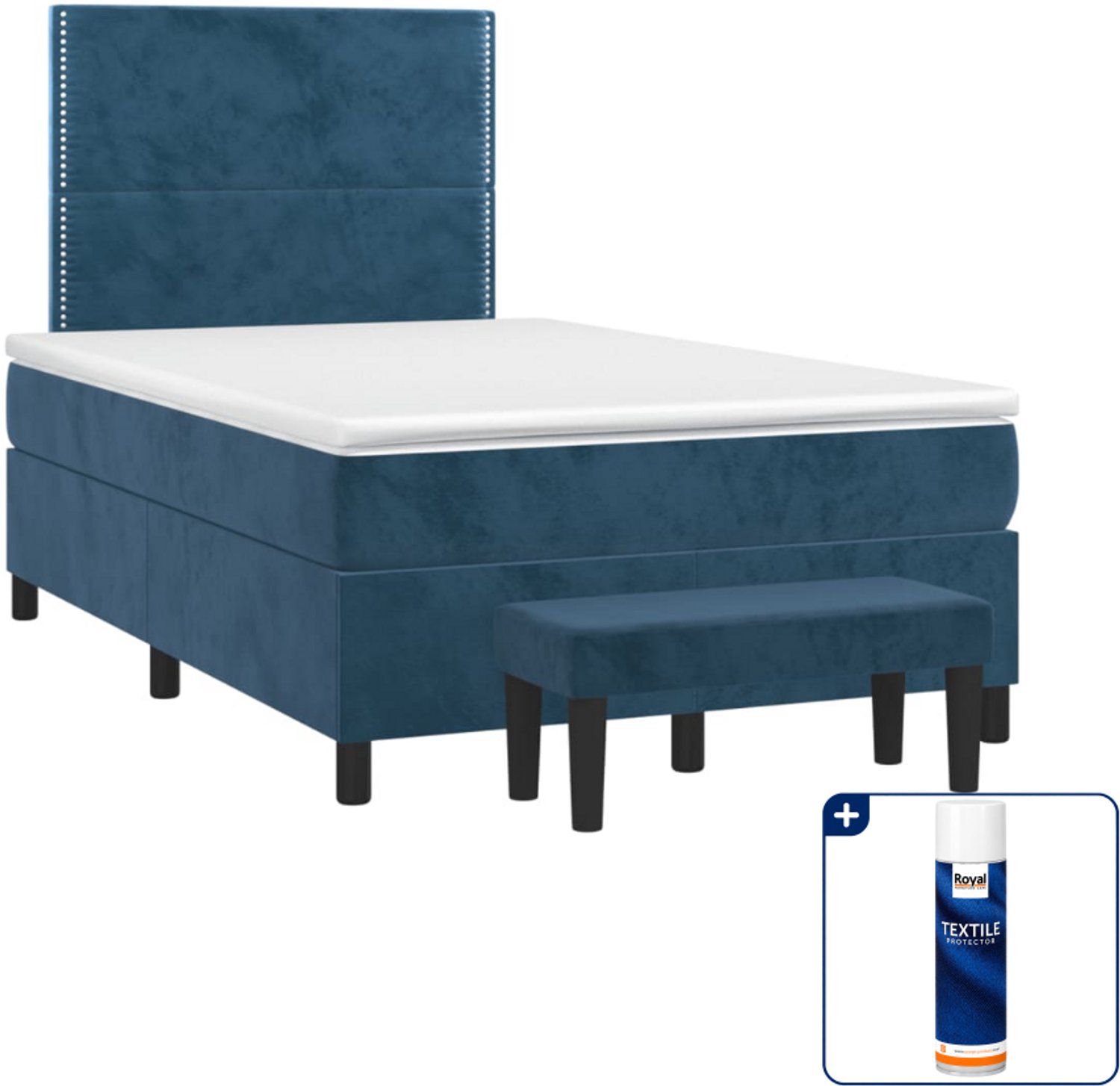 vidaXL boxspring met matras en bank - 120 x 190 cm - fluweel - donkerblauw - Inclusief textielbeschermer 500 ml