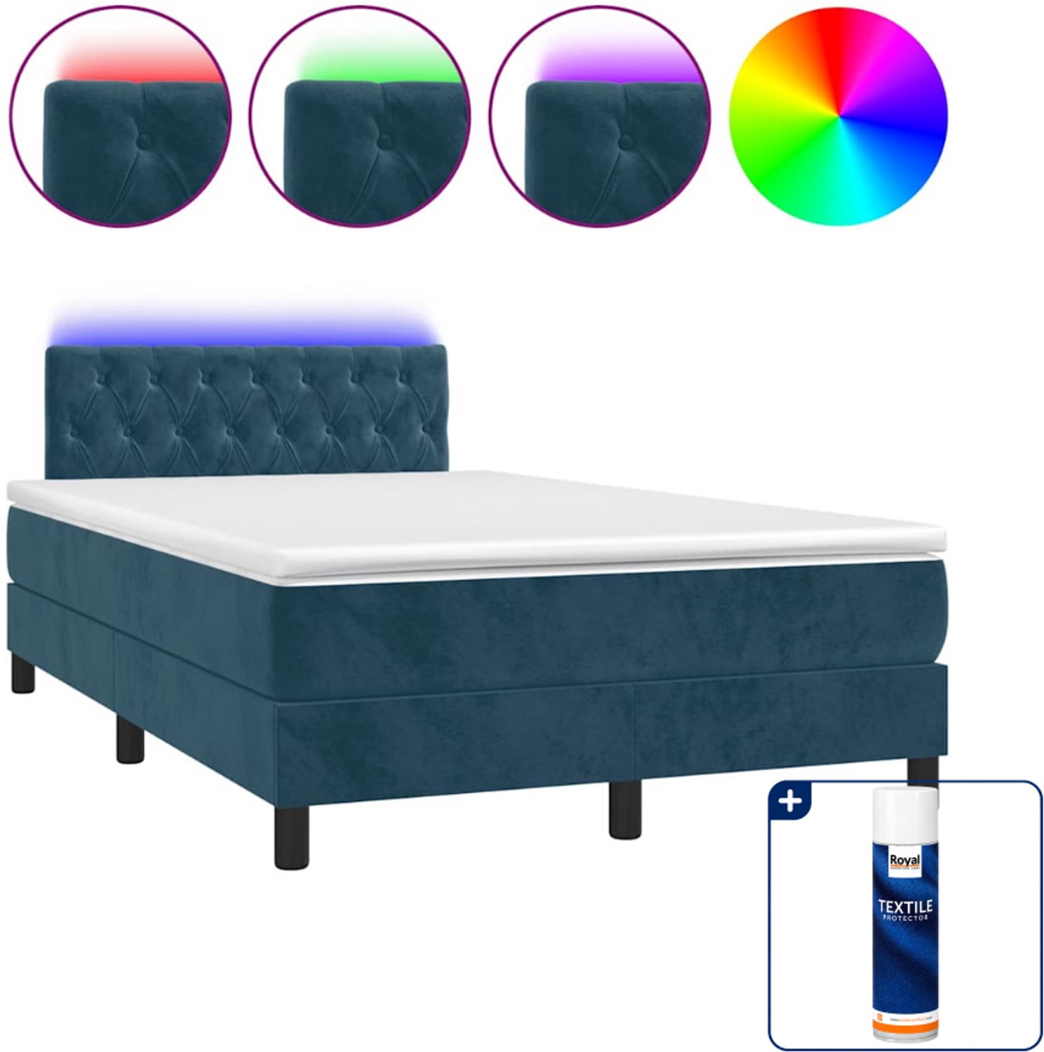 vidaXL boxspring met matras en LED - 120 x 200 cm - fluweel - donkerblauw - Inclusief textielbeschermer 500 ml