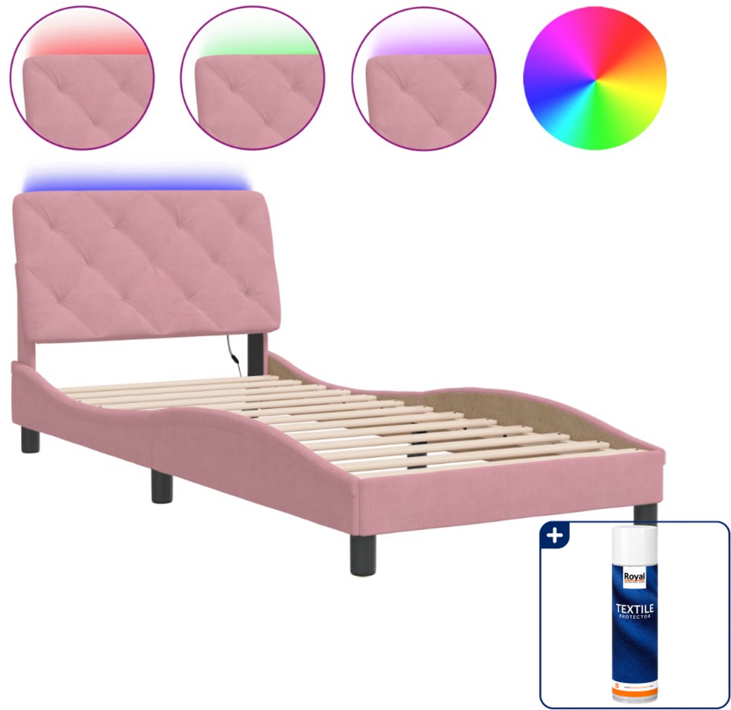 vidaXL Bedframe met LED - 90 x 200 cm - fluweel - roze - Inclusief textielbeschermer 500 ml