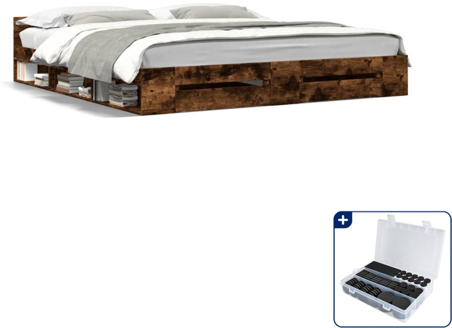 vidaXL Bedframe - Kingsize - 180 x 200 cm - gerookt eiken - Inclusief antikrasvilt 177-delig Bruin