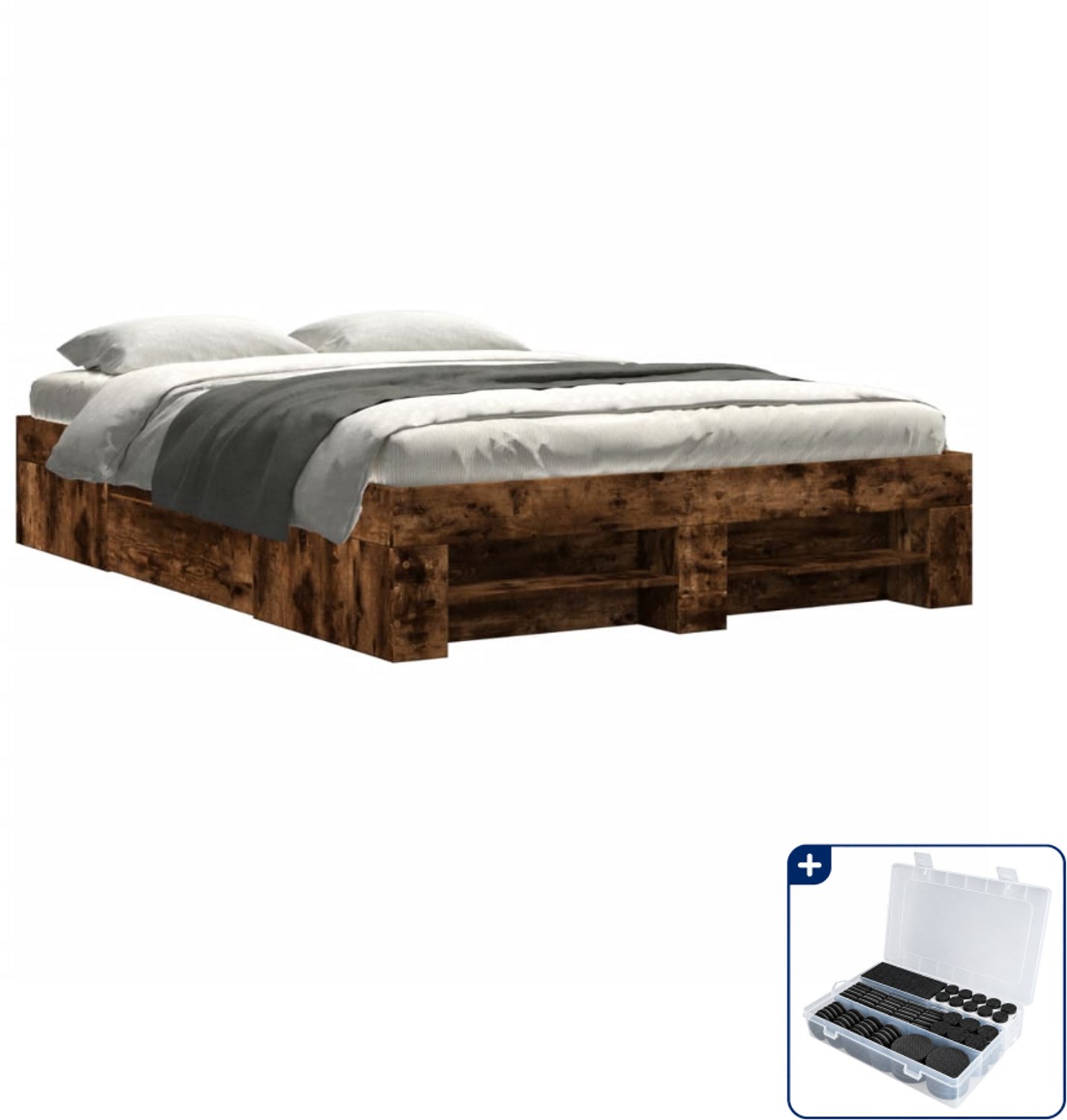 vidaXL bedframe - 120 x 200 cm - bewerkt hout - gerookt eiken - Inclusief antikrasvilt 177-delig Bruin