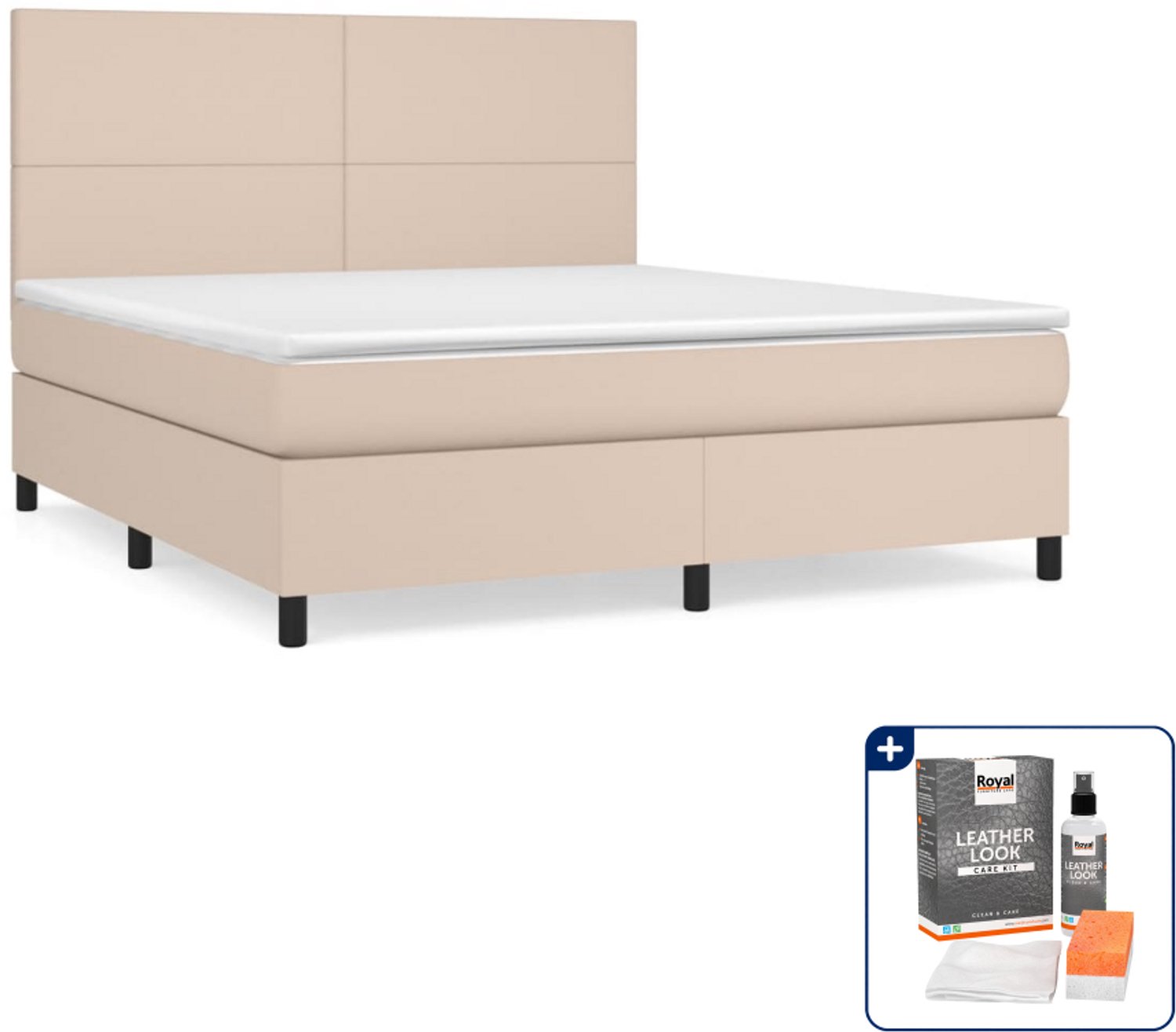 vidaXL boxspring - queensize - 160 x 200 cm - kunstleer - cappuccino - Inclusief onderhoudsset voor kunstleer 150 ml Bruin