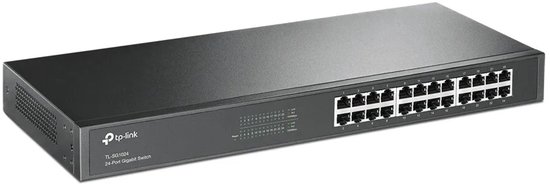 Zwarte TP-Link TL-SG1024 24-poorts gigabit netwerkswitch met statuslampjes aan de voorzijde.