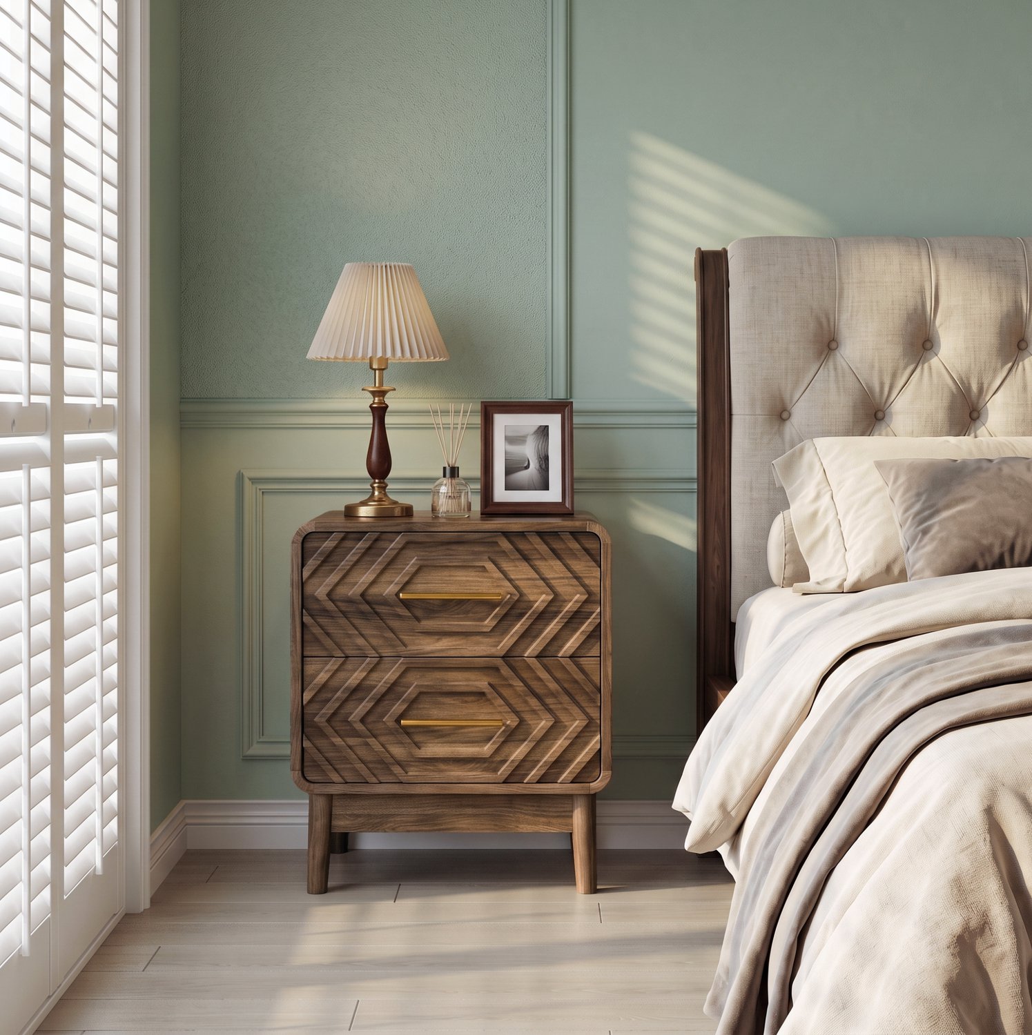 OKWISH Nachtkastje - 2 Laden met Geometrisch Reliëf - Voor Slaapkamer en Woonkamer - Walnootbruin MDF met Houten Poten - 48 × 38 × 56 cm