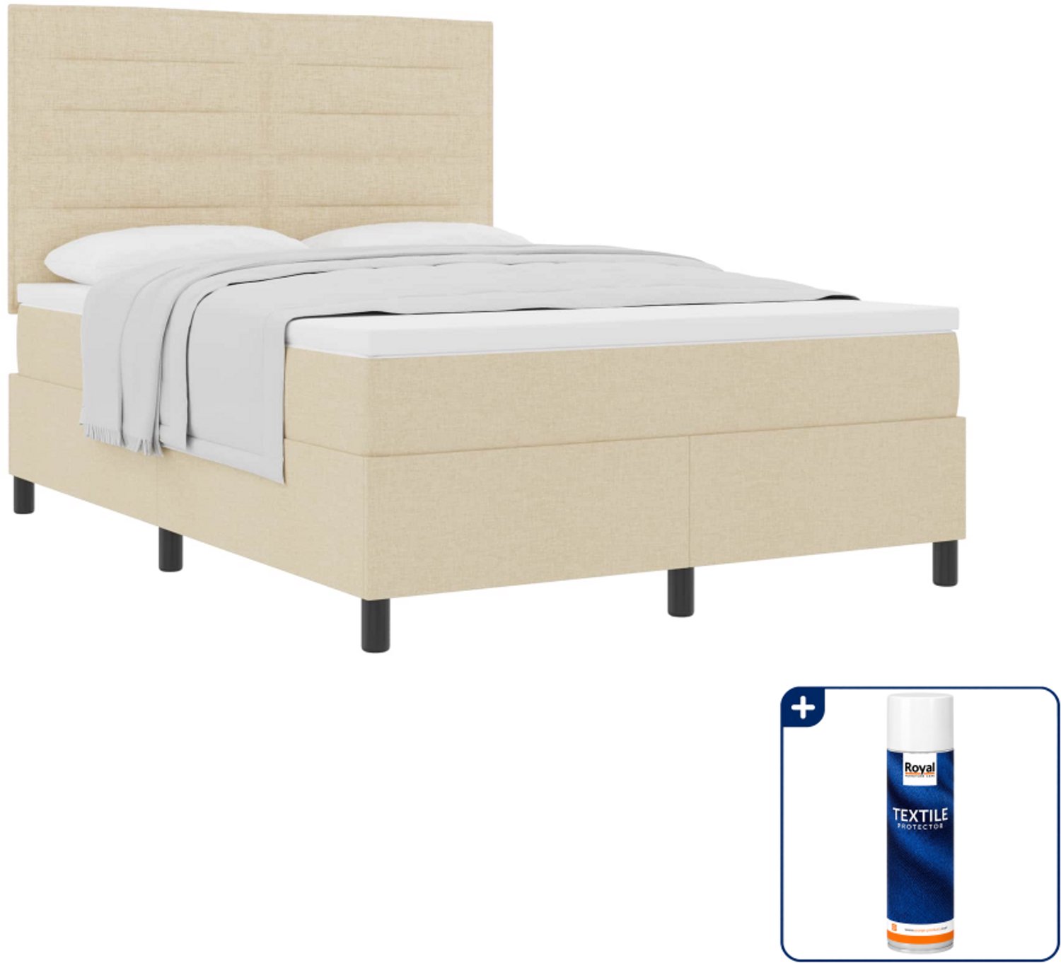 vidaXL boxspringbed - 140 x 190 cm - stof - crème - Inclusief textielbeschermer 500 ml