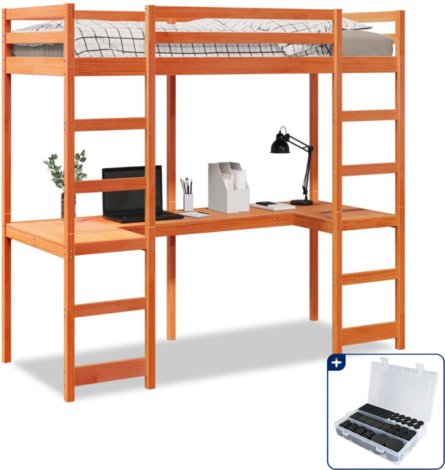 vidaXL hoogslaper - 80 x 200 cm - massief grenenhout - wasbruin - Inclusief antikrasvilt 177-delig