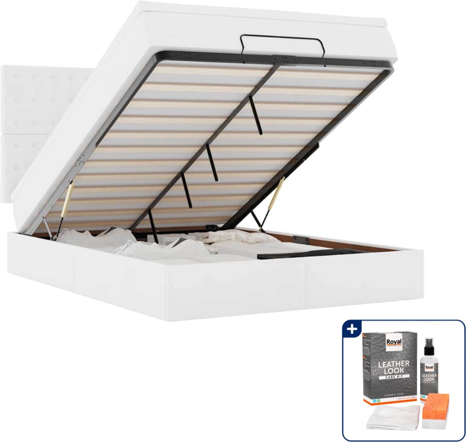 vidaXL ottoman bed met matras en led - 140 x 190 cm - kunstleer - wit - Inclusief onderhoudsset voor kunstleer 150 ml Grijs