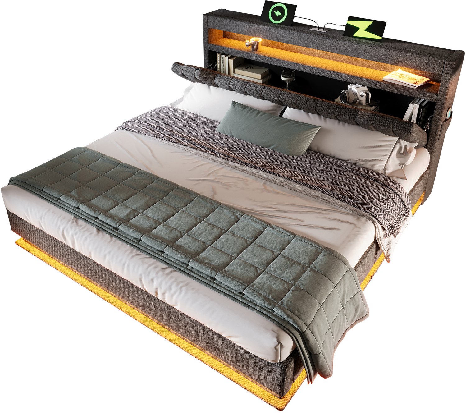Maisentiel Gestoffeerd tweepersoonsbed 140 x 190 cm - grijs - opbergruimte, led en USB-C