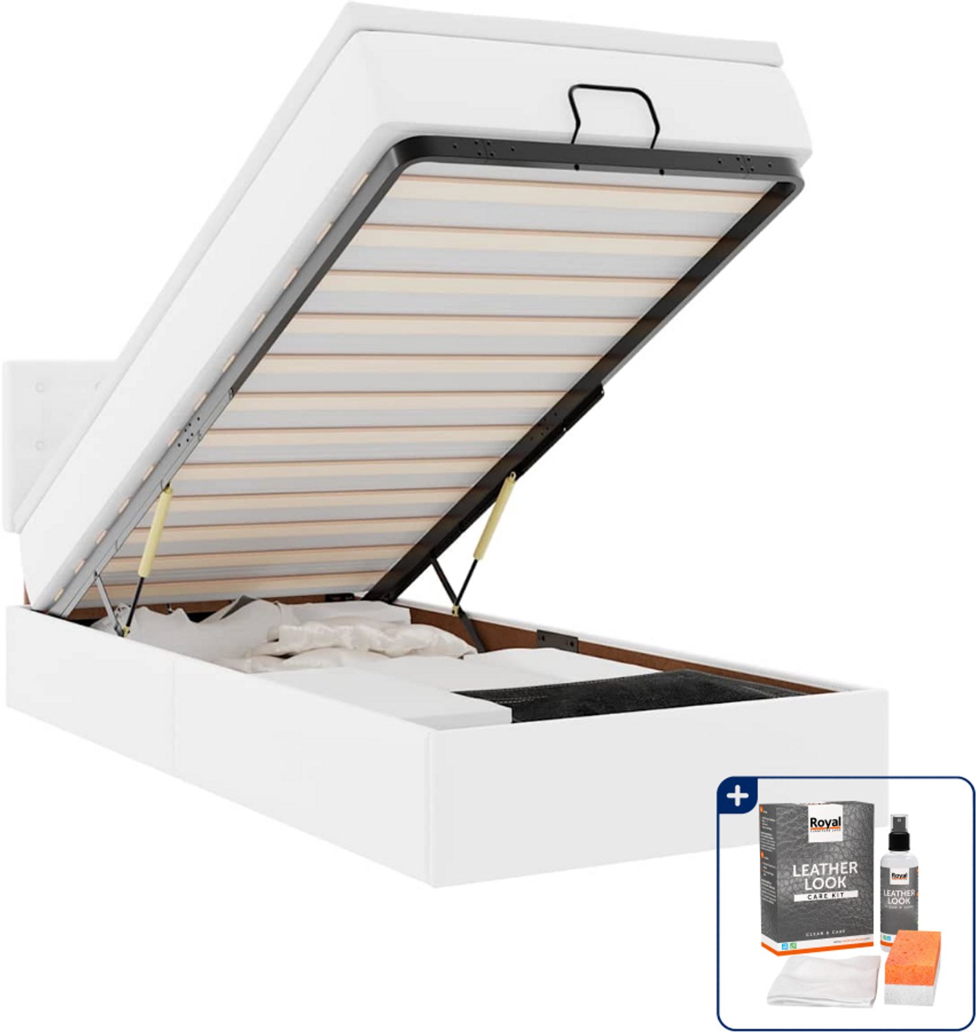 vidaXL Ottoman bed met matrassen en LED - 90 x 200 cm - wit - Inclusief onderhoudsset voor kunstleer 150 ml Zwart