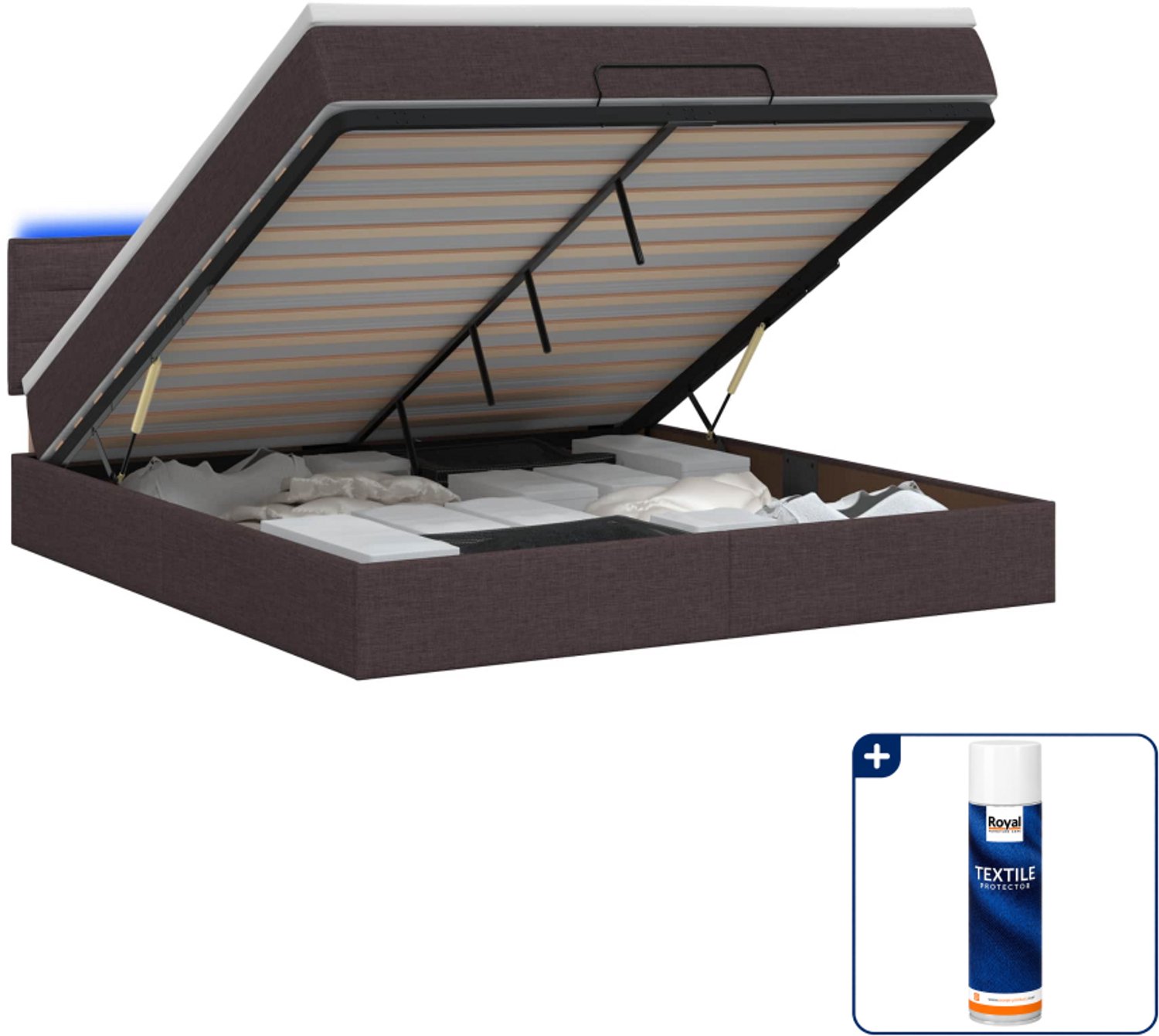 vidaXL Ottoman bed met matras en led - Small double - 140 x 200 cm - Donkerbruin - Inclusief textielbeschermer 500 ml