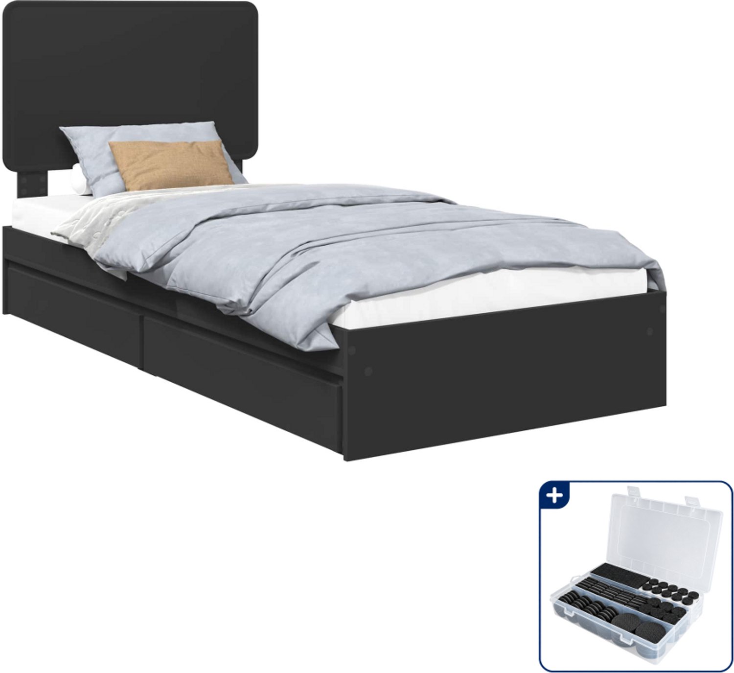 vidaXL bed met lade - 75 x 190 cm - bewerkt hout - zwart - Inclusief antikrasvilt 177-delig