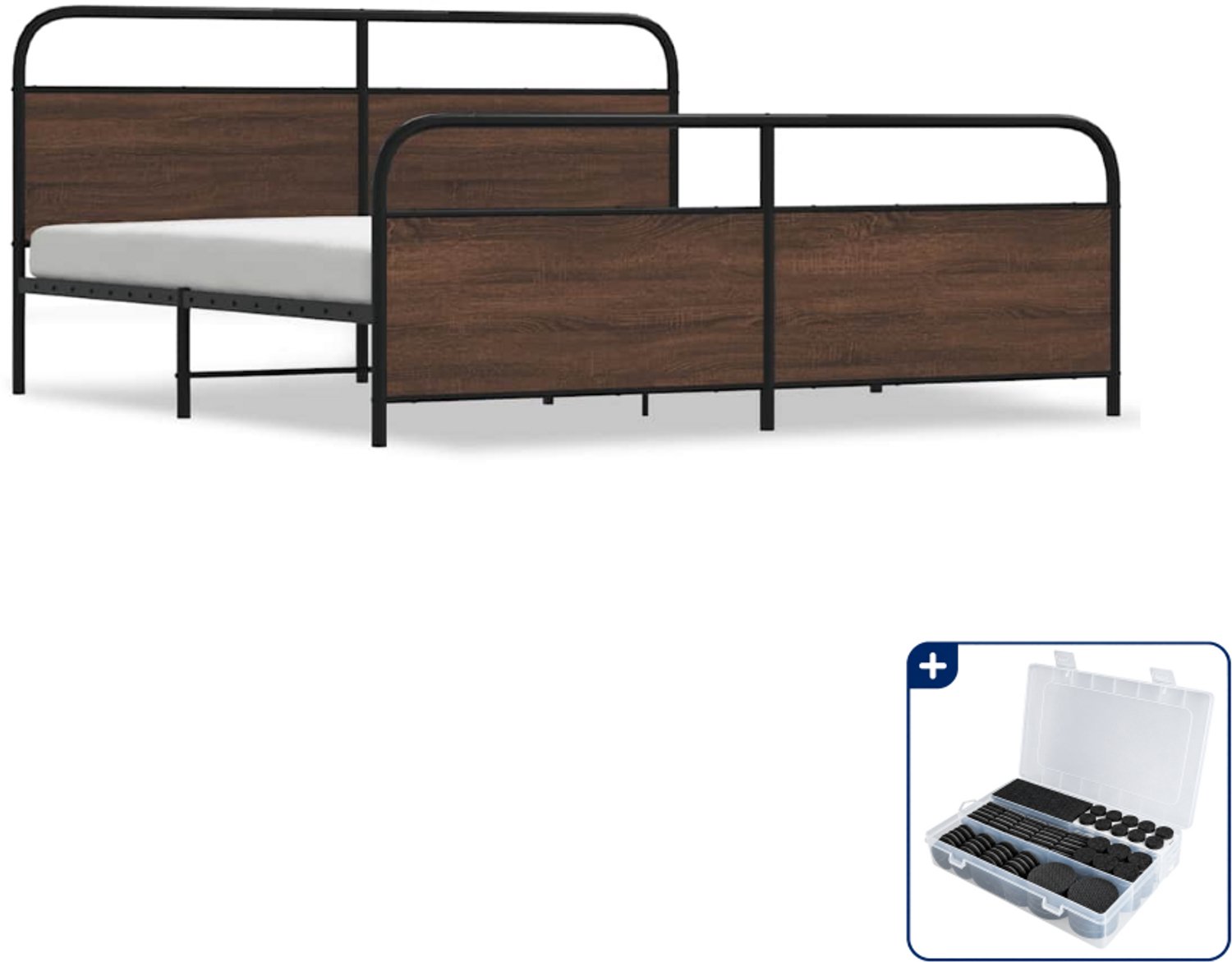 vidaXL bedframe - 200 x 200 cm - staal en bewerkt hout - bruineiken - Inclusief antikrasvilt 177-delig
