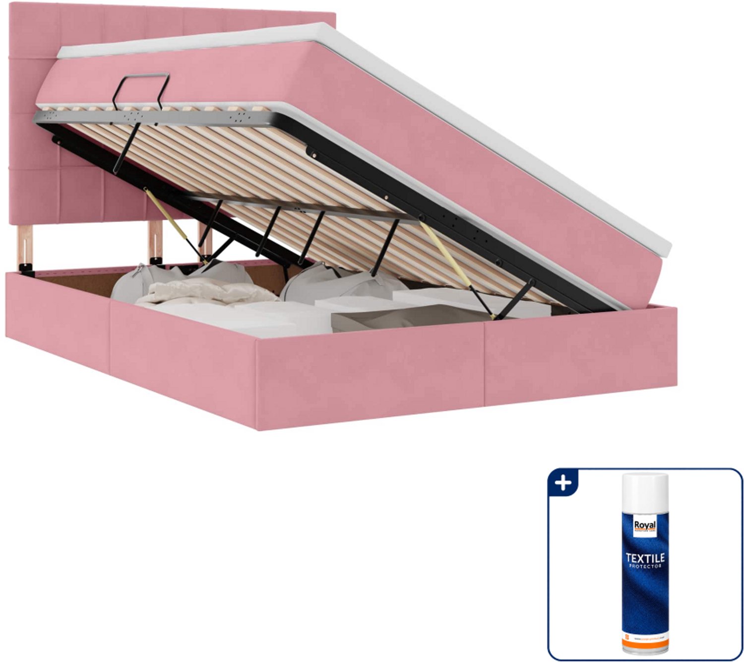 vidaXL opbergbed met matras - Small double 140 x 200 cm - roze - Inclusief textielbeschermer 500 ml