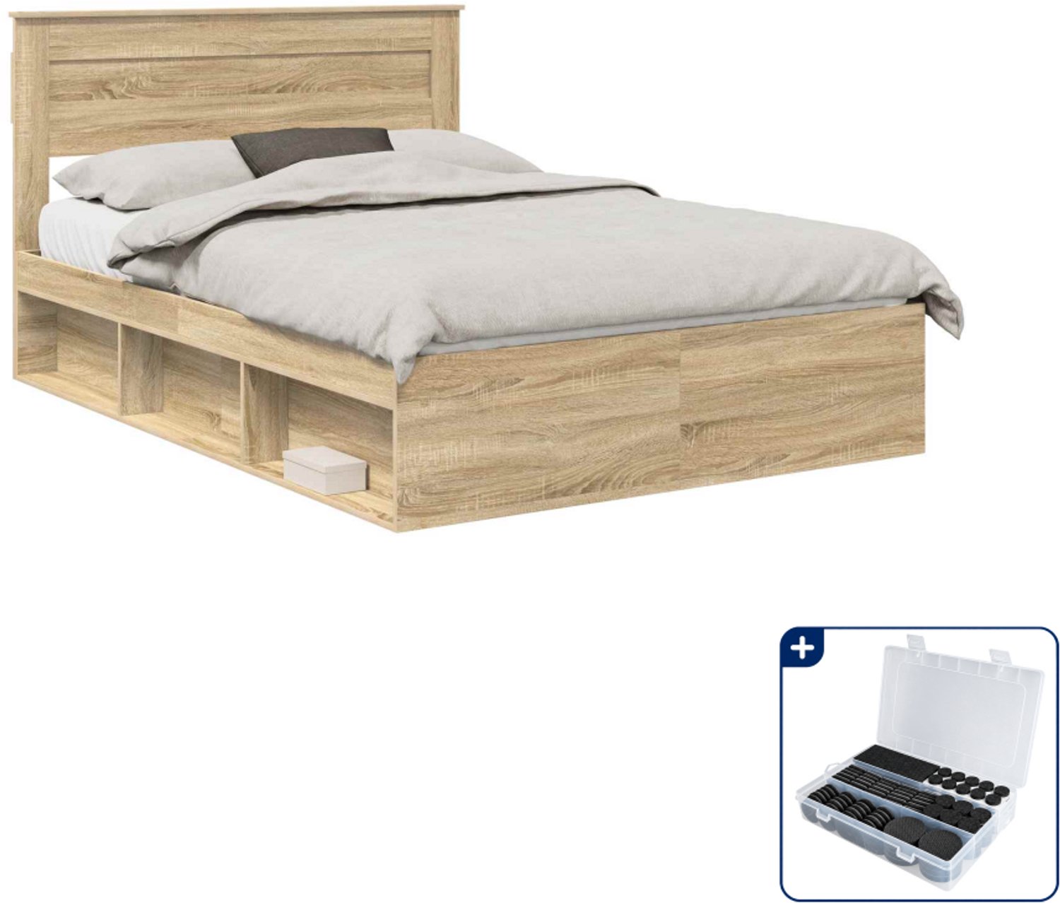 vidaXL bedframe - 140 x 190 cm - bewerkt hout - sonoma eiken - Inclusief antikrasvilt 177-delig Bruin