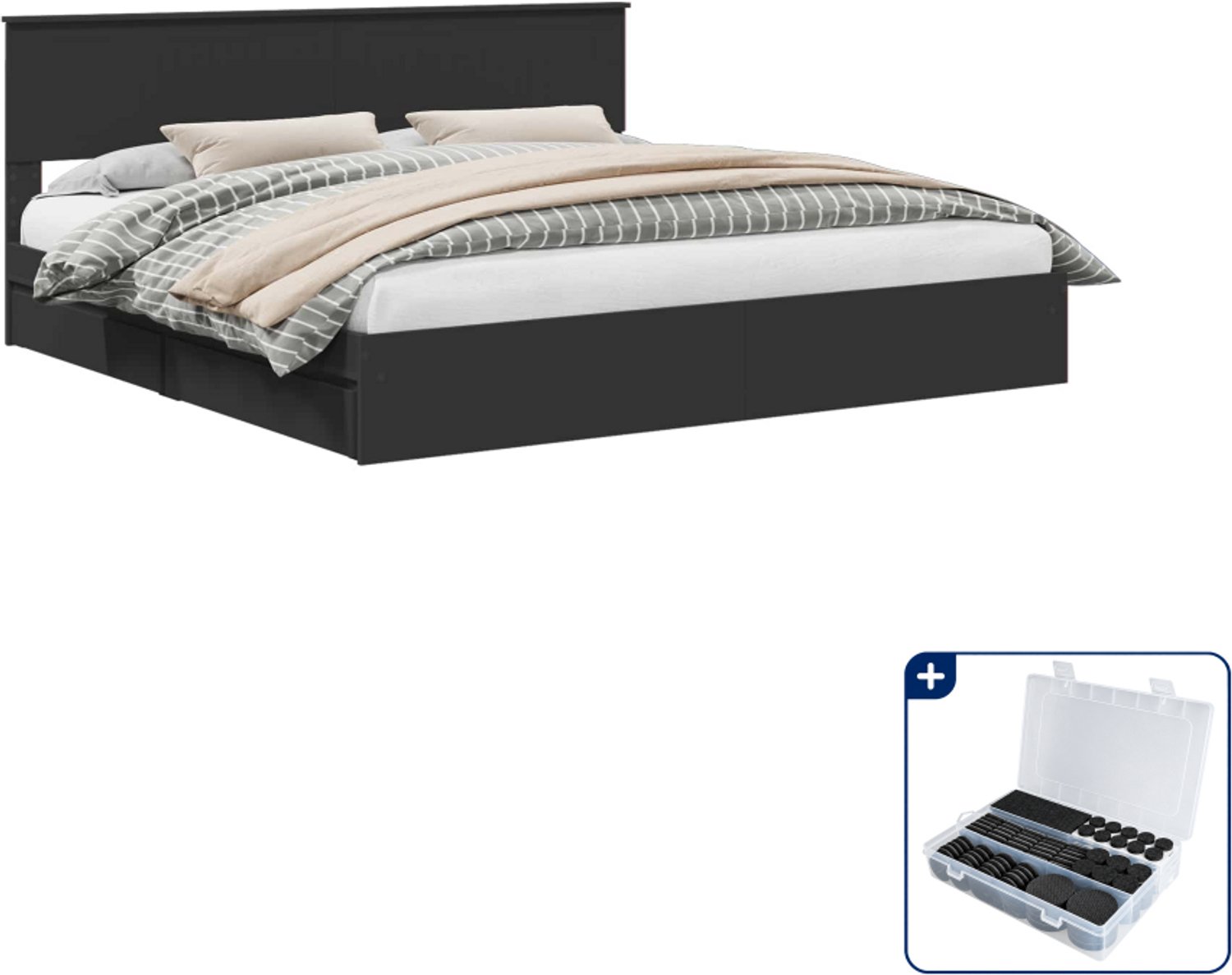 vidaXL opbergbed - 200 x 200 cm - bewerkt hout - zwart - Inclusief antikrasvilt 177-delig
