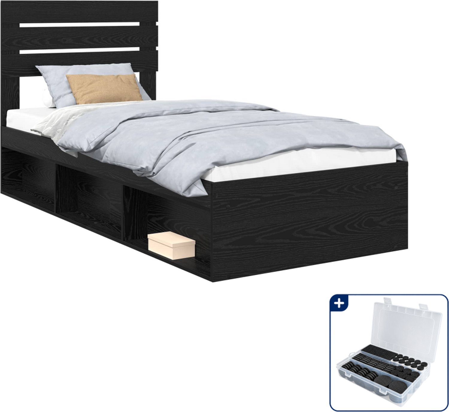 vidaXL bedframe - 90 x 190 cm - massief grenenhout - zwart eiken - Inclusief antikrasvilt 177-delig Grijs