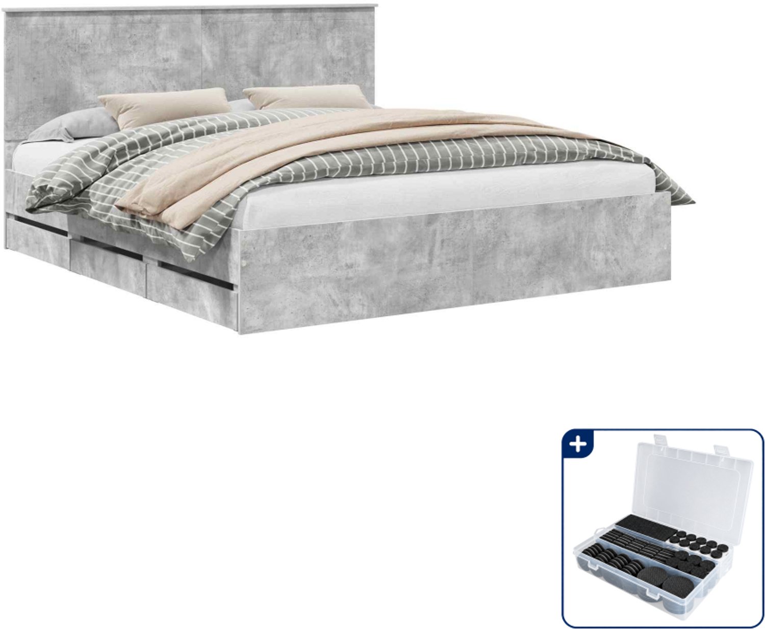 vidaXL Kingsize bedframe 180 x 200 cm met lade - bewerkt hout - grijs - Inclusief antikrasvilt 177-delig Zwart