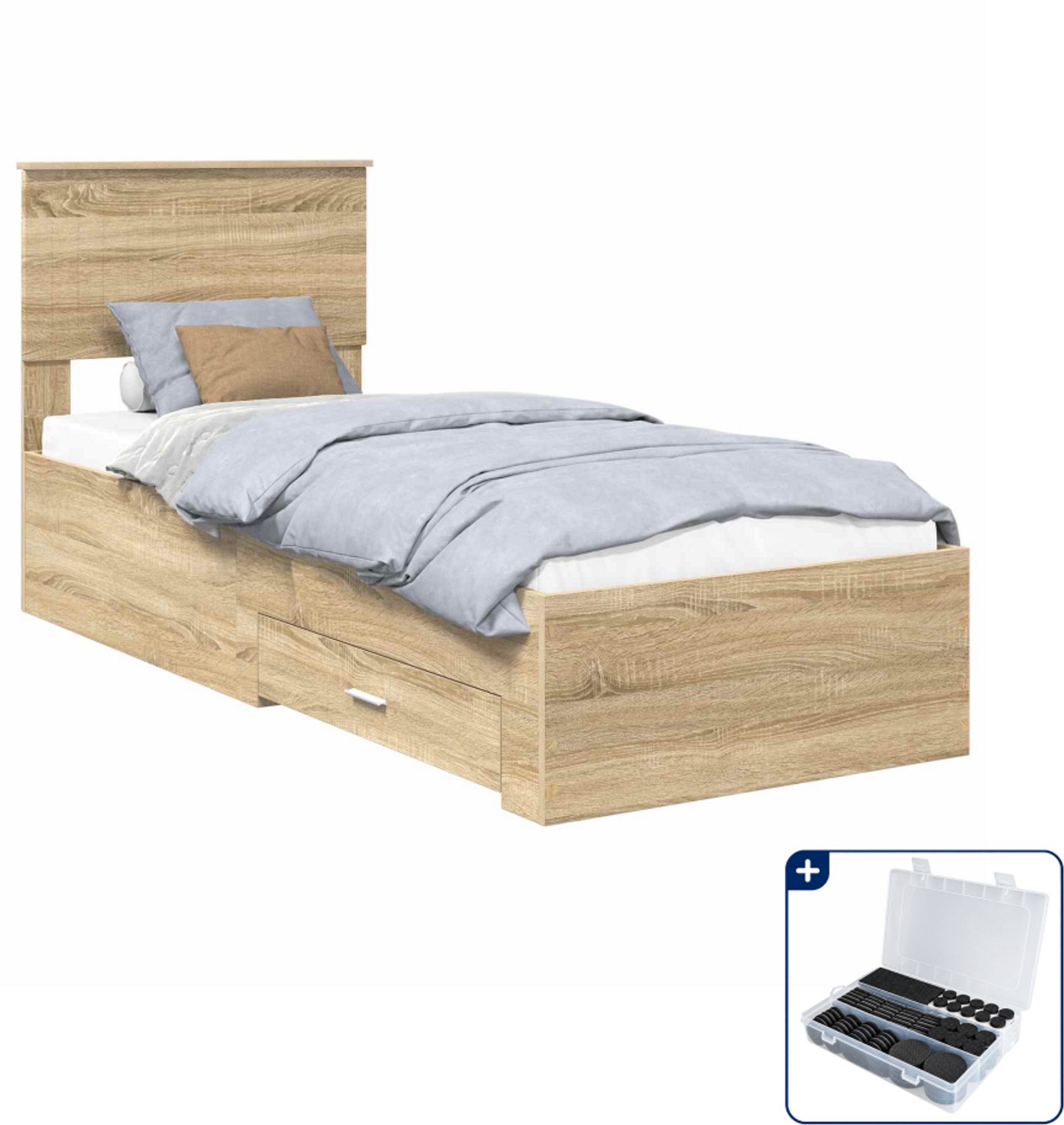 vidaXL bedframe - 75 x 190 cm - bewerkt hout - sonoma eiken - Inclusief antikrasvilt 177-delig Zwart
