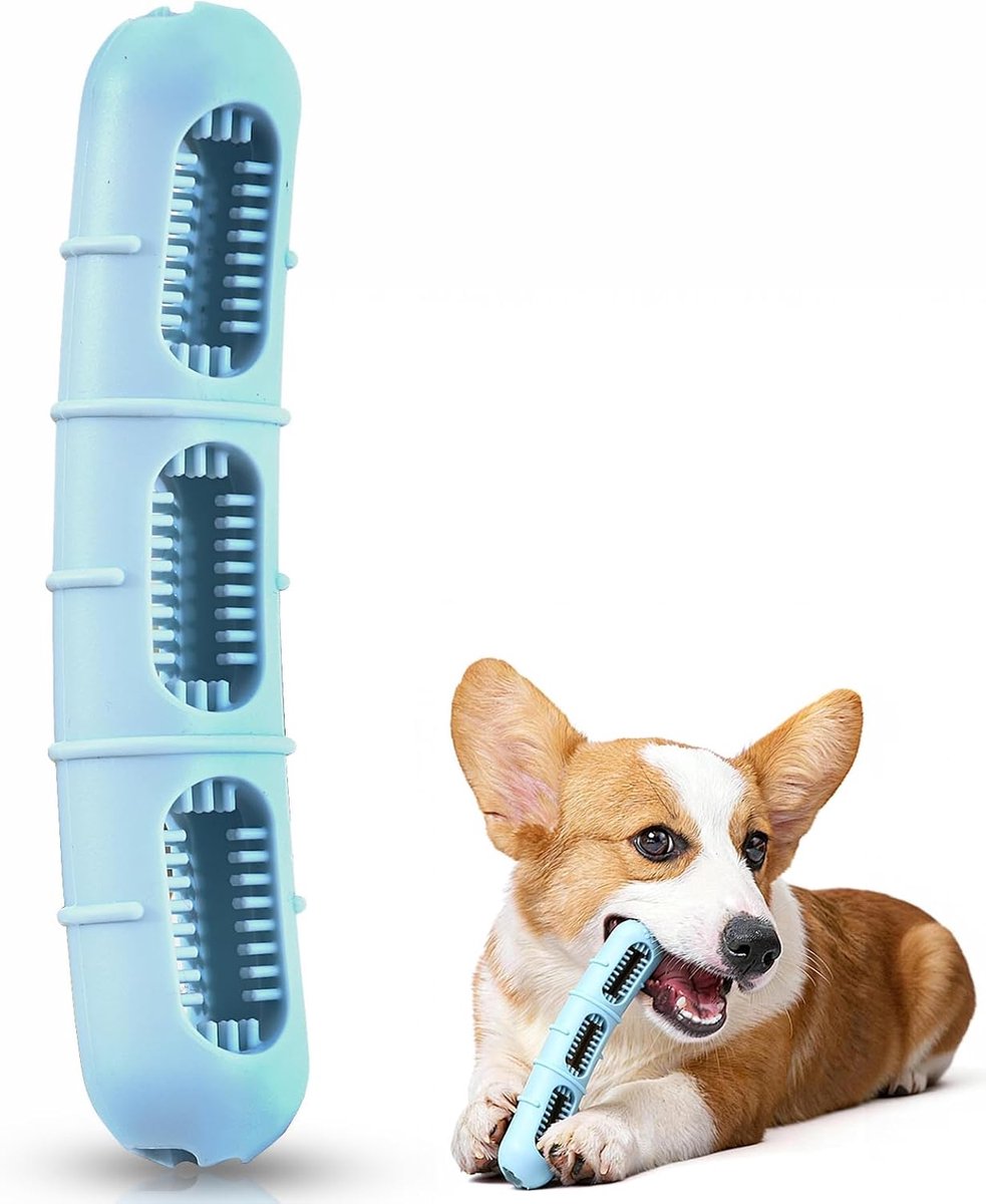 Kauwspeelgoed, tandstok voor honden, rubberen puppyspeelgoed met borstelharen, robuust en duurzaam, tandslijpstang rubber, kleine middelgrote honden, blauw