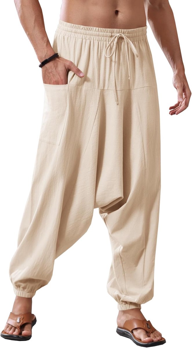 Katoenen harembroek voor heren, baggy, hippie, casual, linnen, yogabroek, strand, diep kruis