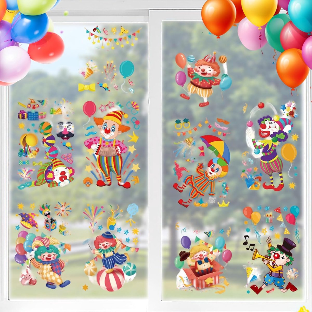 carnaval, 9 stuks, clown, raamdecoratie, carnaval, raamafbeeldingen, carnaval, raamstickers, clowns, voor carnaval, themafeest, Halloween