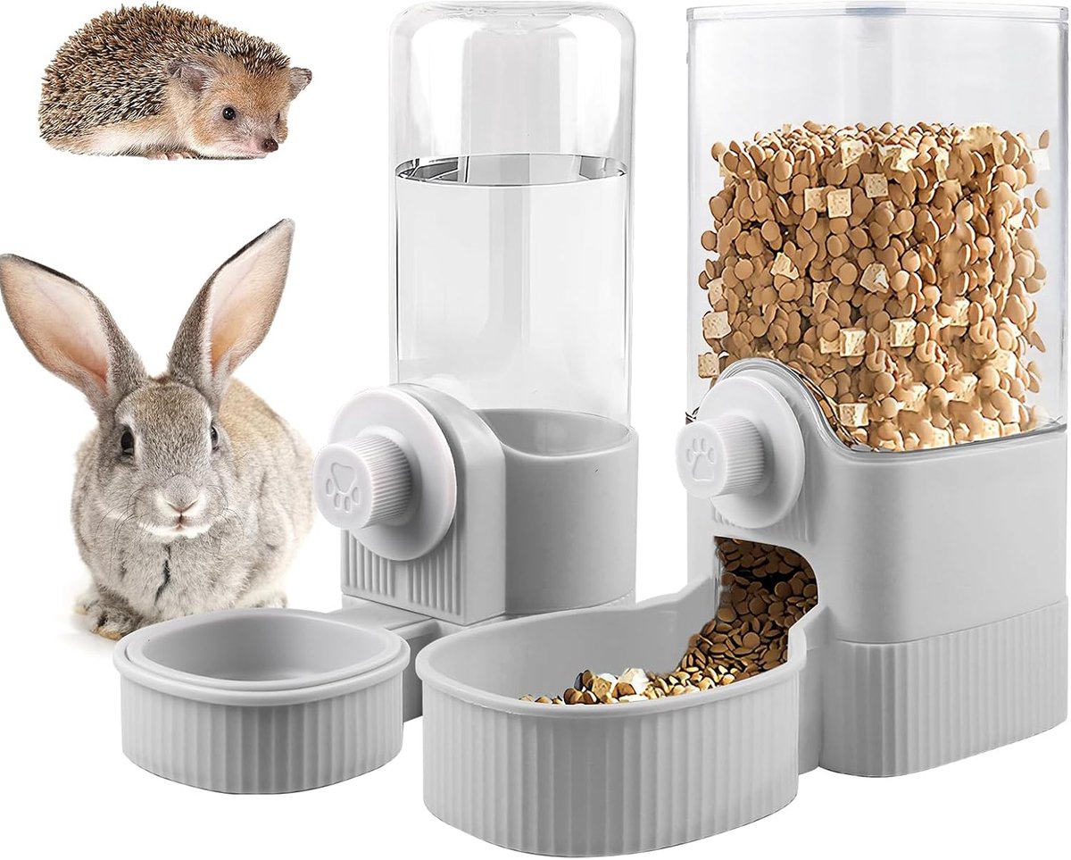 Drinkfles voor konijnen, automatische 2-in-1 voer- en waterdispenser, hangende voerdispenser, waterdispenser voor katten, konijnen, cavia's