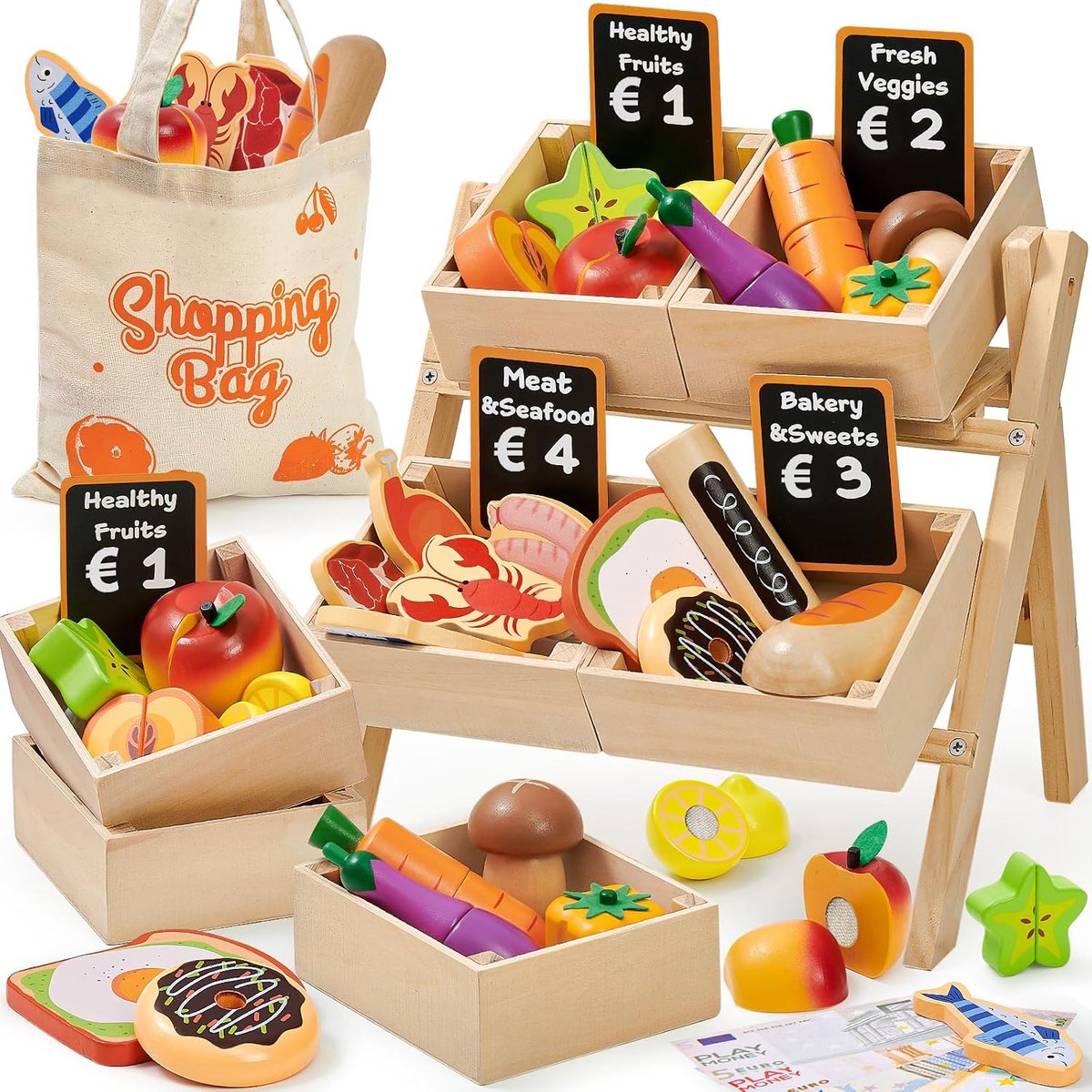 Kinderkeuken, Houten Speelkeuken, Accessoires, Keukenaccessoires, Kinderen, Hout, Levensmiddelen, Rollenspel, Houten Speelgoed, Koopwinkel, Cadeau