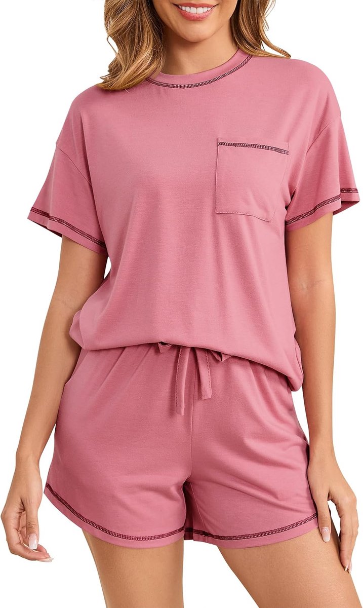 Pyjama voor dames, korte katoenen pyjamaset, nachtkleding, korte mouwen, T-shirt en pyjamabroek met zakken