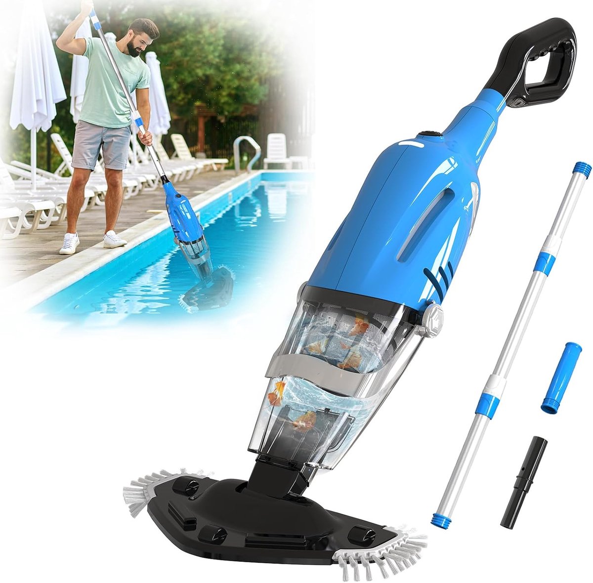 2026 Zwembadzuiger met Accu, Zwembadreiniger Draadloze met Telescopische Staaf, Elektrische Zwembadstofzuiger, Handstofzuiger voor Zwembaden, Spa's, Bubbelbaden, Blauw