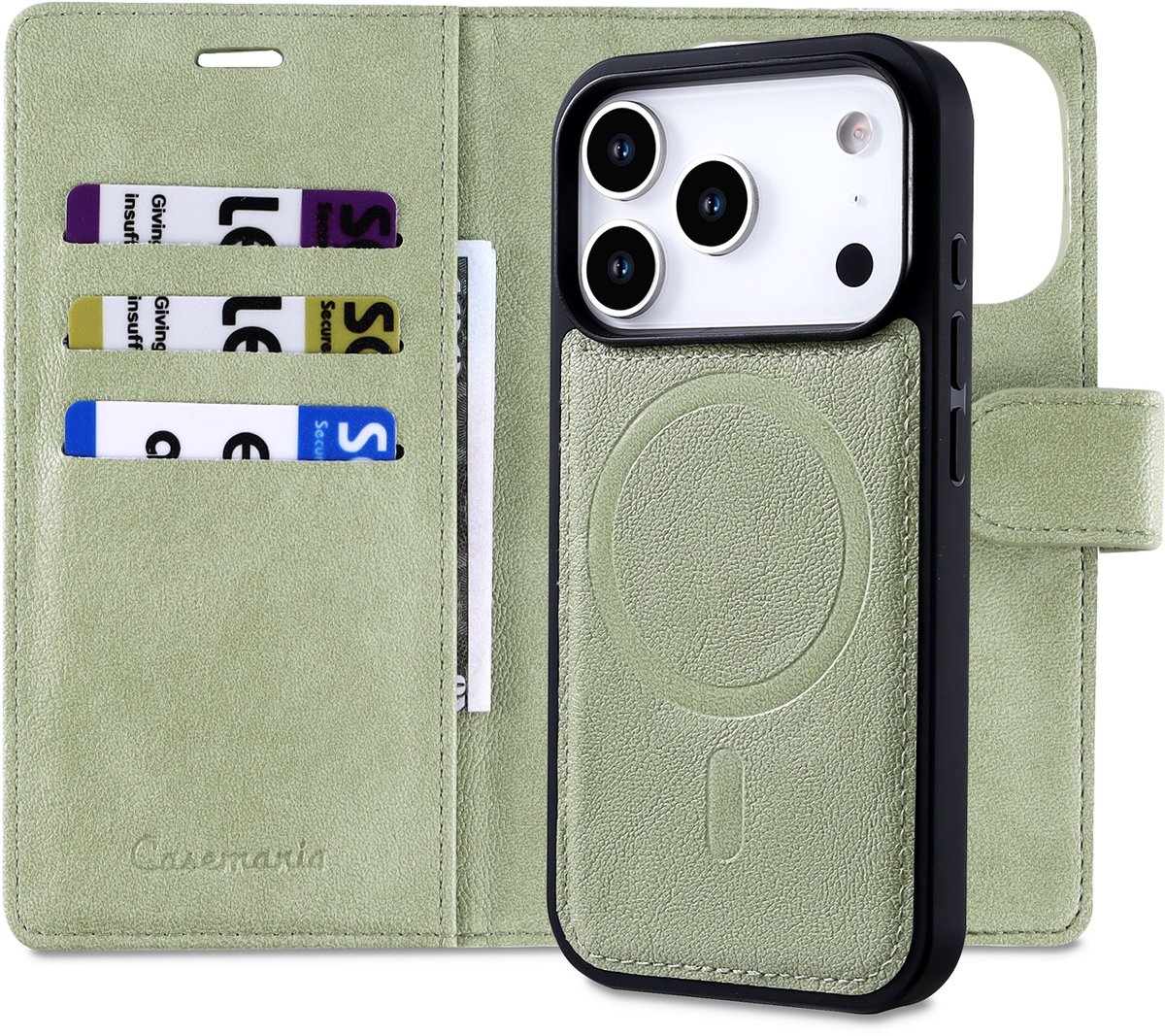 Casemania Hoesje Geschikt voor Apple iPhone 18 Pro - Matcha Green - 2 in 1 Afneembare Bookcase van Lederlook met Fijne Nerf - Geschikt voor MagSafe - Portemonnee Telefoonhoesje met Pasjeshouder en Standaardfunctie