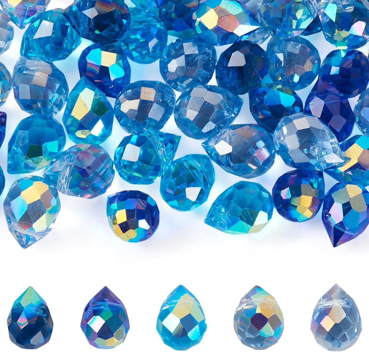50 stuks blauwe geslepen glazen druppelkralen, kristal waterdruppel bovenzijde geboord bungelkegels voor doe-het-zelf oorbellen, armband, ketting, sieraden maken