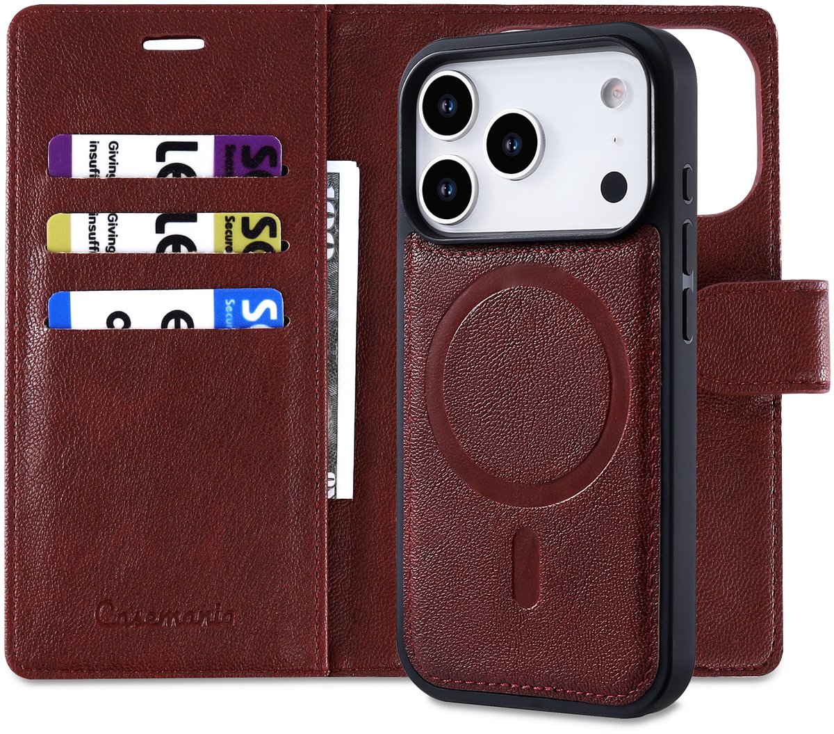 Casemania Hoesje Geschikt voor Apple iPhone 18 Pro - Burgundy Red - 2 in 1 Afneembare Bookcase van Lederlook met Fijne Nerf - Geschikt voor MagSafe - Portemonnee Telefoonhoesje met Pasjeshouder en Standaardfunctie