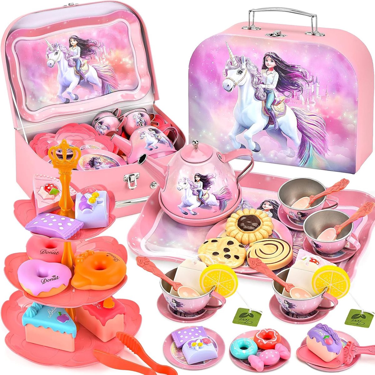 48 stuks theeservies voor kinderen, theeservies voor kinderen, theeservies met dessert speelgoed, theekransje, speelkeuken, rollenspellen, poppenservies, kinderkeuken, accessoires voor klein
