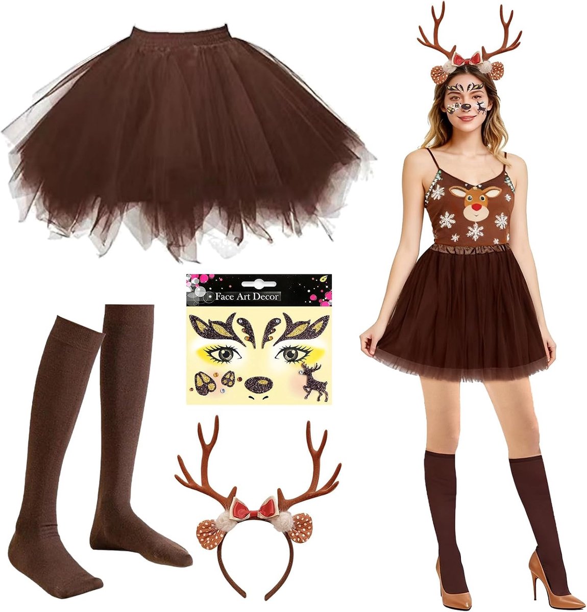 carnavalskostuum voor dames, met rendier, tutu, rok en gewei, haarband voor volwassenen, geschikt voor Kerstmis, carnaval, cosplay, themafeest, ideaal als grappig Halloween-kostuum