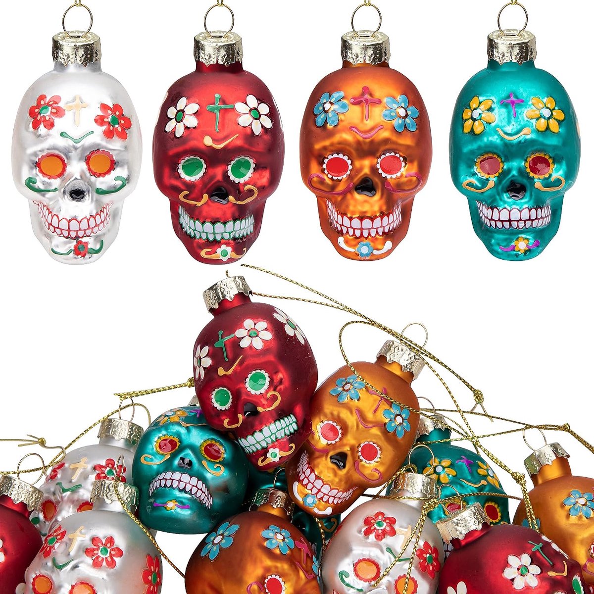 Dag van de Dode Glazen Suiker Schedel Ornamenten - Dia De Los Muertos Halloween Opknoping Skelet Hoofd Ornamenten voor Kerstboom Opknoping Decoraties