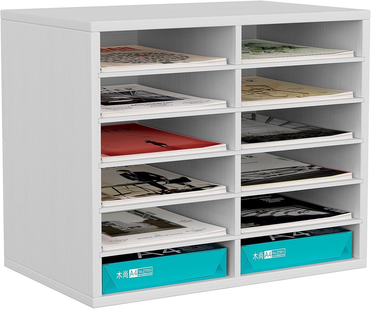 Houten Bureau 6-laags 12 Vakken A4 Vijlbak Kantoorbureau Opgeruimd Post Sorteerder Bestandhouder Papier Organisator Tijdschrift Opbergrek, Wit