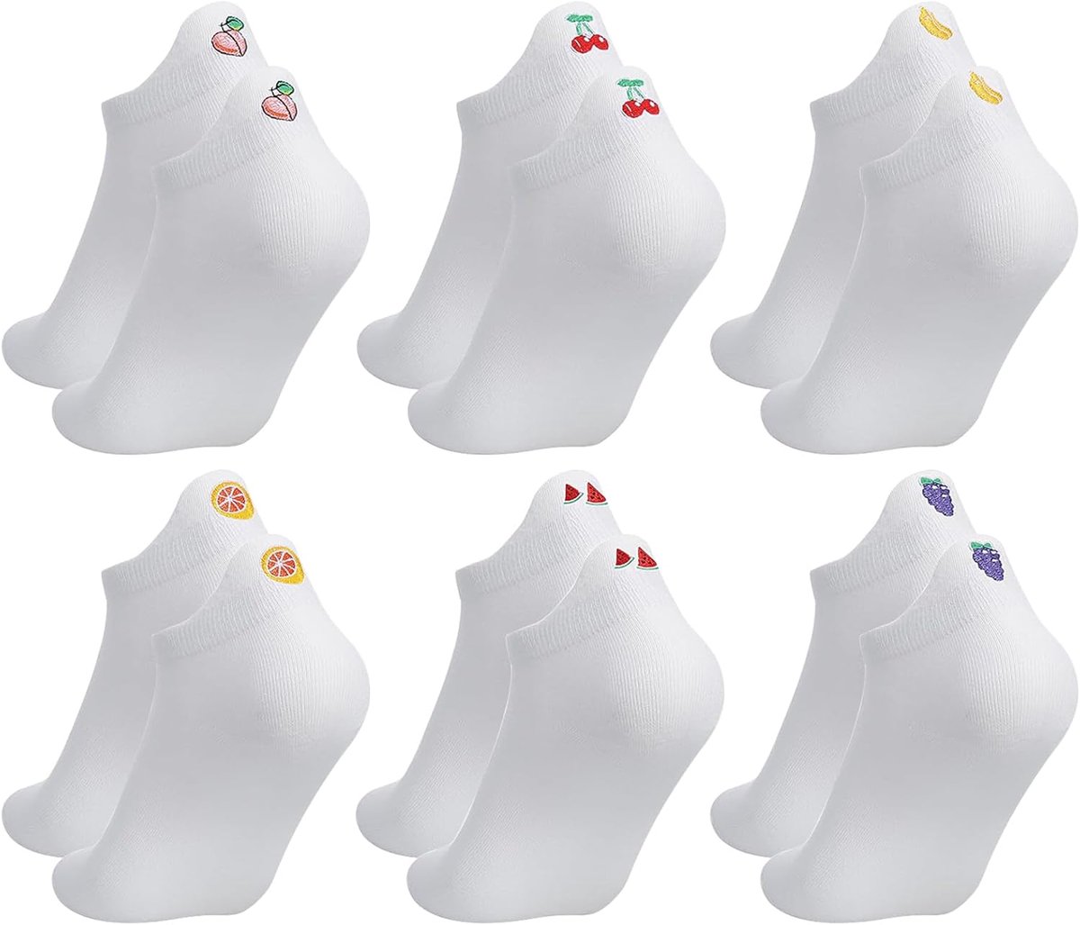 Sokken voor dames, maat 38-42, witte damessokken, ademend, kort, met fruitmotief, Wit, Eén Maat
