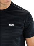 Zwart gestreept T-shirt van Sjeng Sports met logo op de borst.