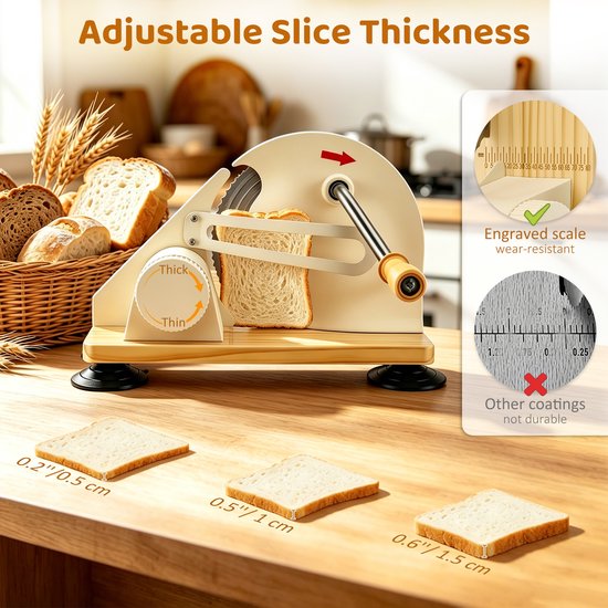 CINK & Co Handmatige broodsnijmachine met handkruk - Instelbare snijdikte - Inklapbare broodsnijder met RVS snijgereedschap - Beige — afbeelding 5