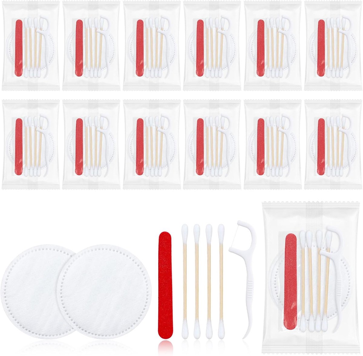 hotelbenodigdheden toiletartikelen individueel verpakt, hotelmake-upset met katoenen pads, wattenstaafjes, tandzijde en nagelvijl (30 stuks)