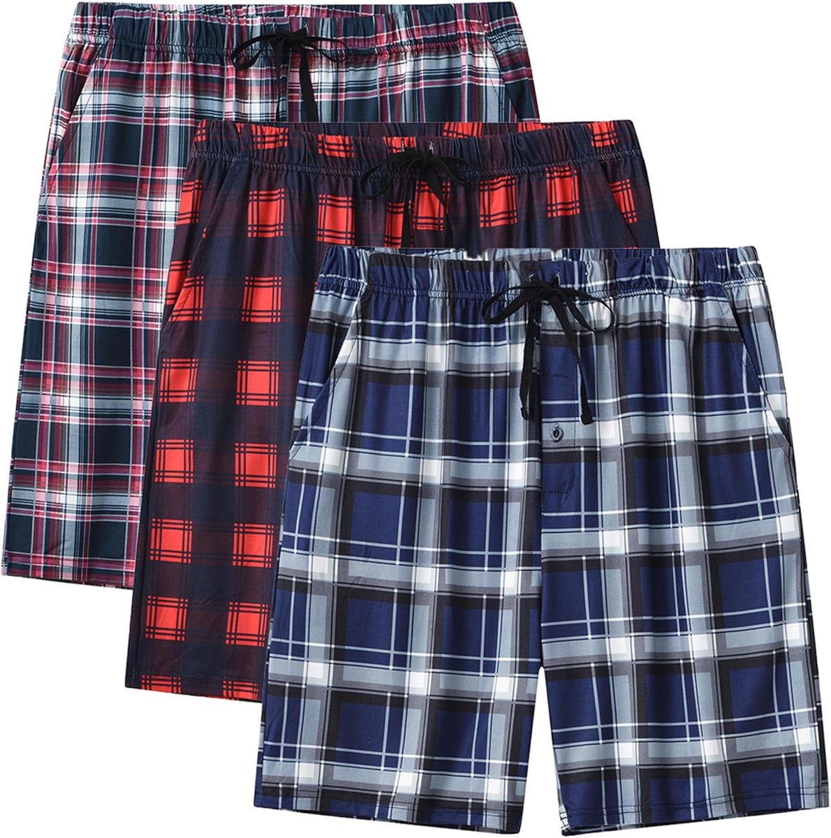 3-pack pyjamabroek voor heren, kort, katoen, geruit, pyjamabroek, shorty, zomer, nachtkleding, slaapshorts met zakken, Verpakking van 3 -F., M