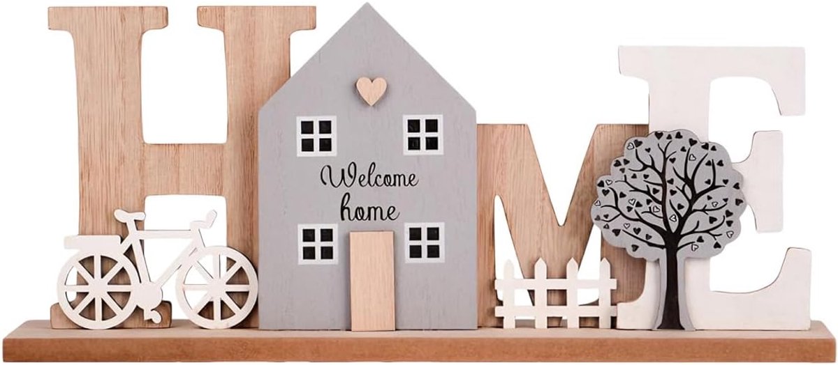 staander van hout, opschrift Home om neer te zetten met huis, boom en fiets, voor woonkamer, slaapkamer, cadeau