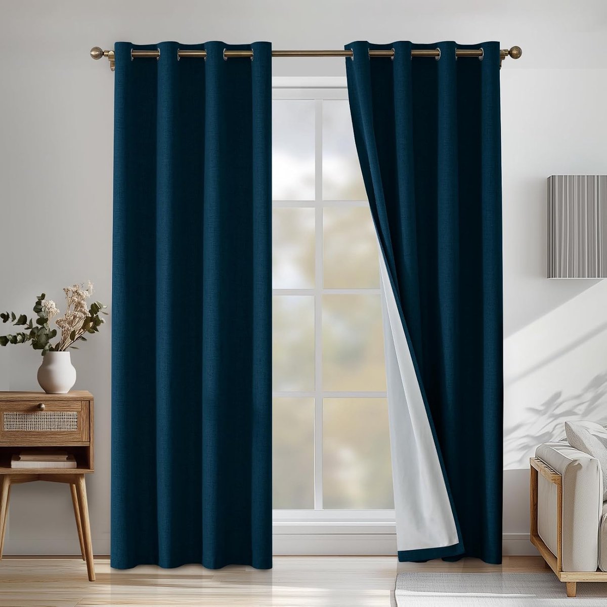 100% Verduisterend Linnen Effect Gordijnen Set Van 2, 140x300cm, Ondoorzichtig Warmte-Isolerende Thermische Gordijnen Met Ringen, Geluidsbescherming, Voor Slaapkamer Woonkamer, Zwart