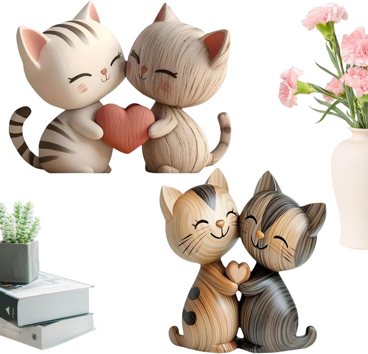 2-delige set kattendecoratie voor het bureau, plat, 2D, met omarming, kattenfiguur voor thuis en op kantoor