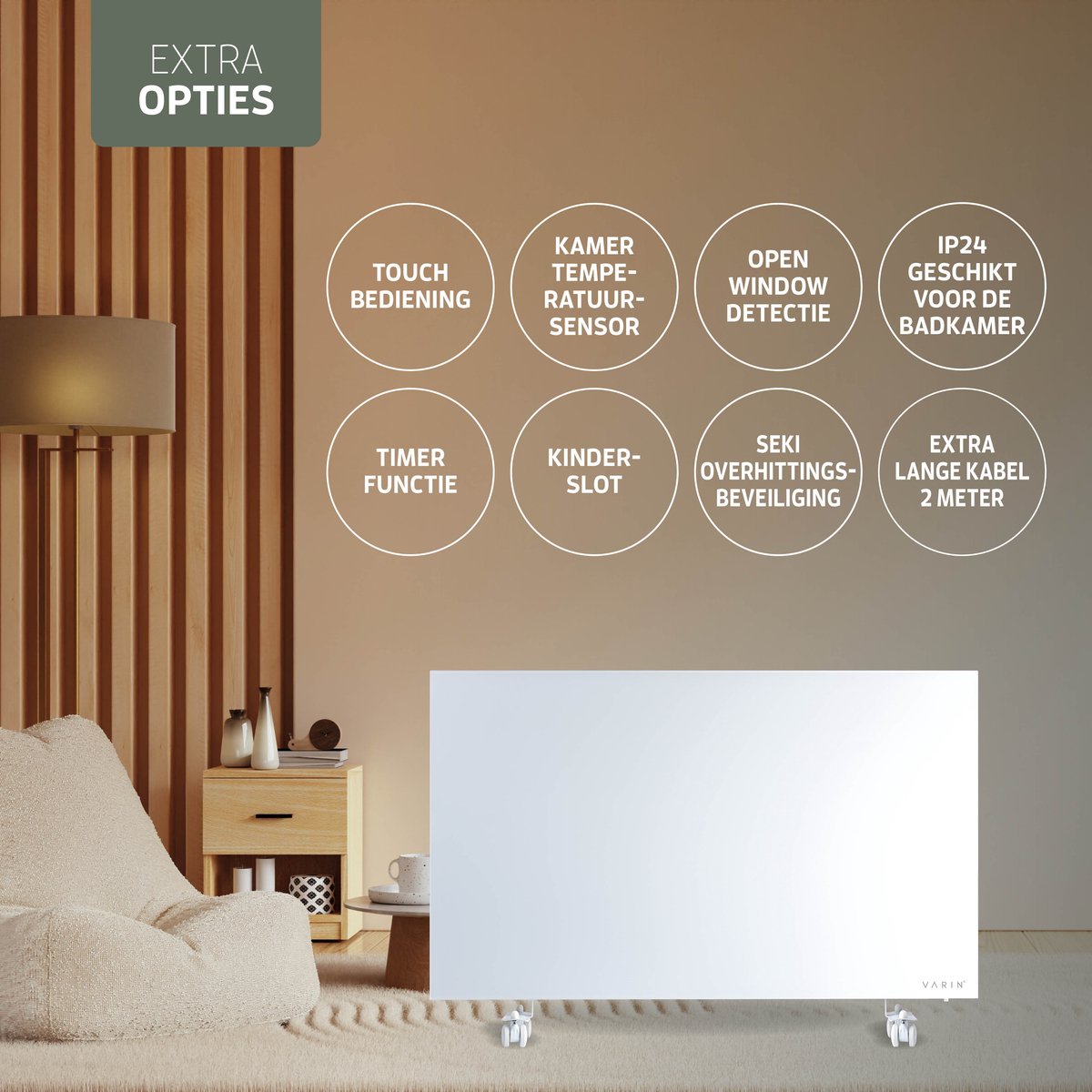 Varin® Smart Design Infrarood verwarmingspaneel - 600W - 100x60cm - Helder wit glas - IP24 - Met thermostaat - Wandmontage of verrijdbaar - Elektrische verwarming - Infrarood paneel verplaatsbaar - Kachel - Heater bureau - Terrasverwarmer - Tuya Wifi – foto 7