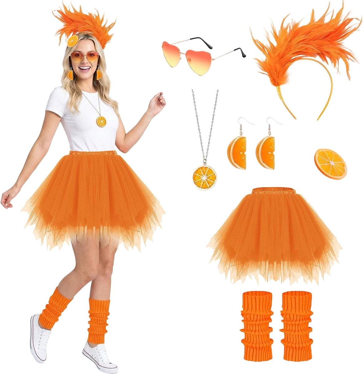tule rok voor dames, 9 stuks, oranje, carnavalskostuumset met tule rok, haarband, veren, halsketting, oorbellen, bril, manchetten, haarspelden voor carnavalskostuums dames
