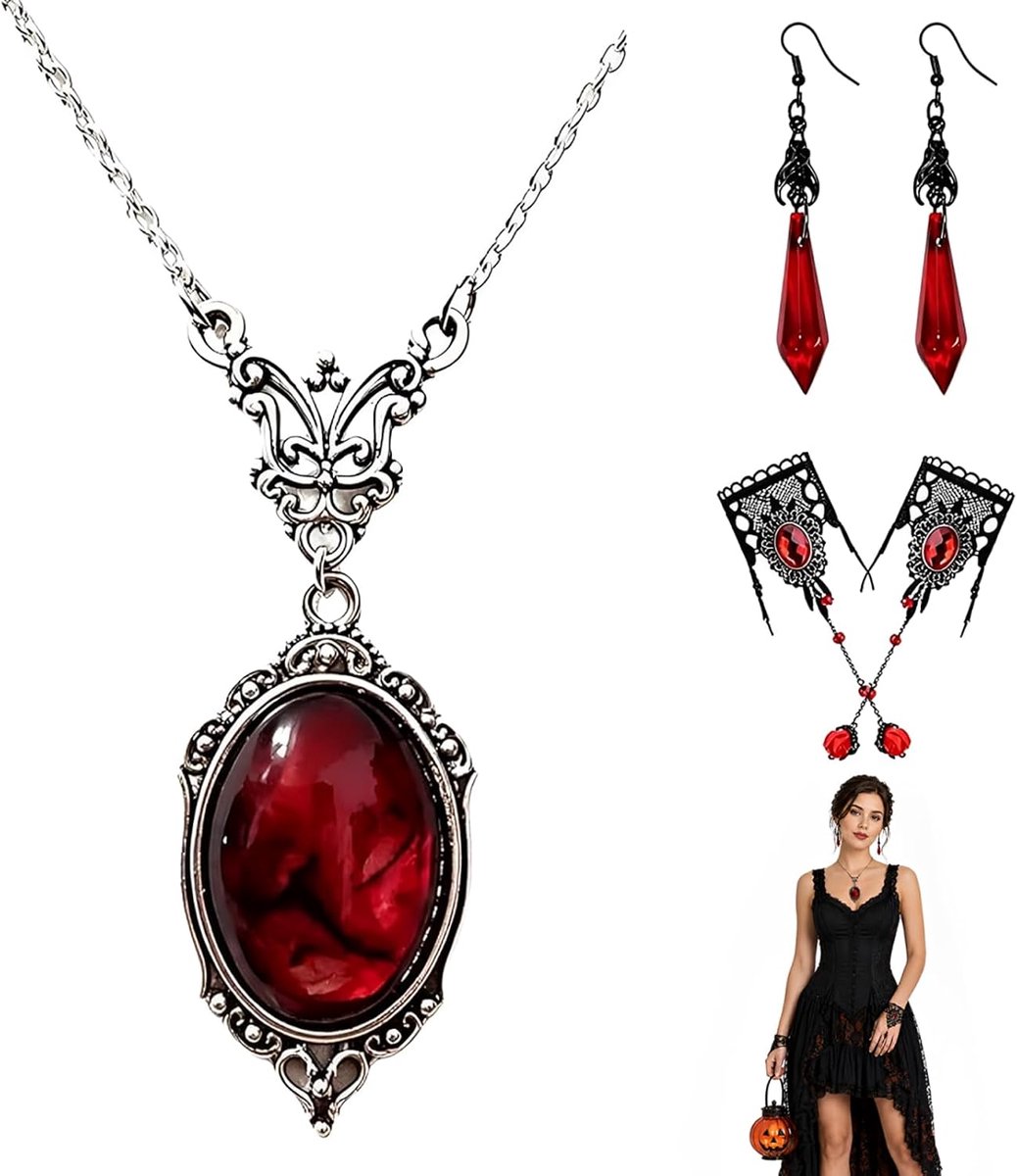 kostuum dames vampiersieraden set, 4-delig met rode stenen