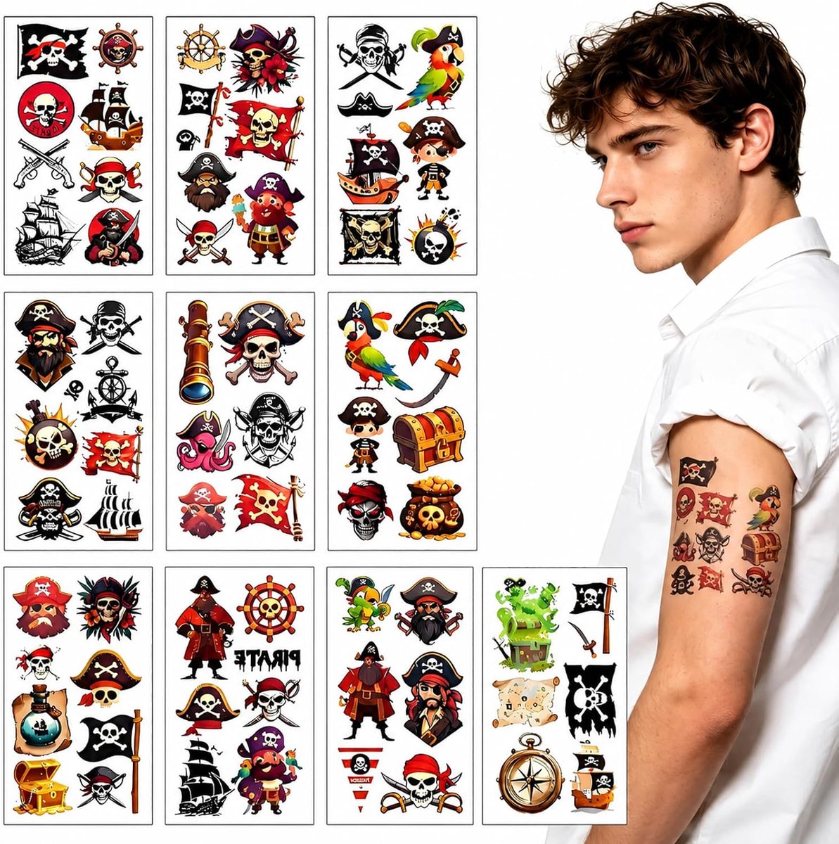 Tijdelijke Tatoeages Voor Kinderen 10 Vellen Piraten Tatoeages Voor Jongens Piratenfeest Tattoo Voor Kinderen Piraten Tattoo Set Voor Halloween, Carnaval Waterdicht Verwijderbaar Tatoeages Sti